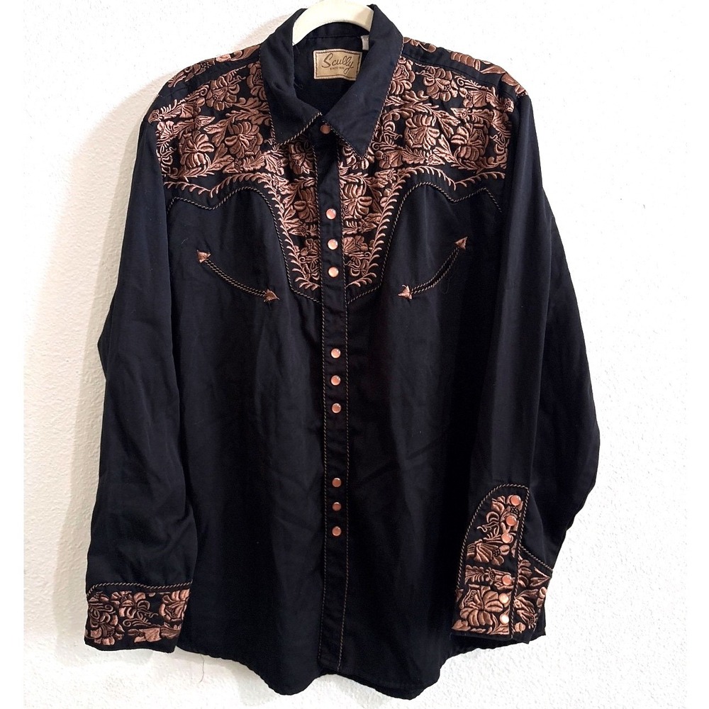 Scully Western Shirt XL Black Bronze Floral Embroidered Pearl Snap Cowboy Boho